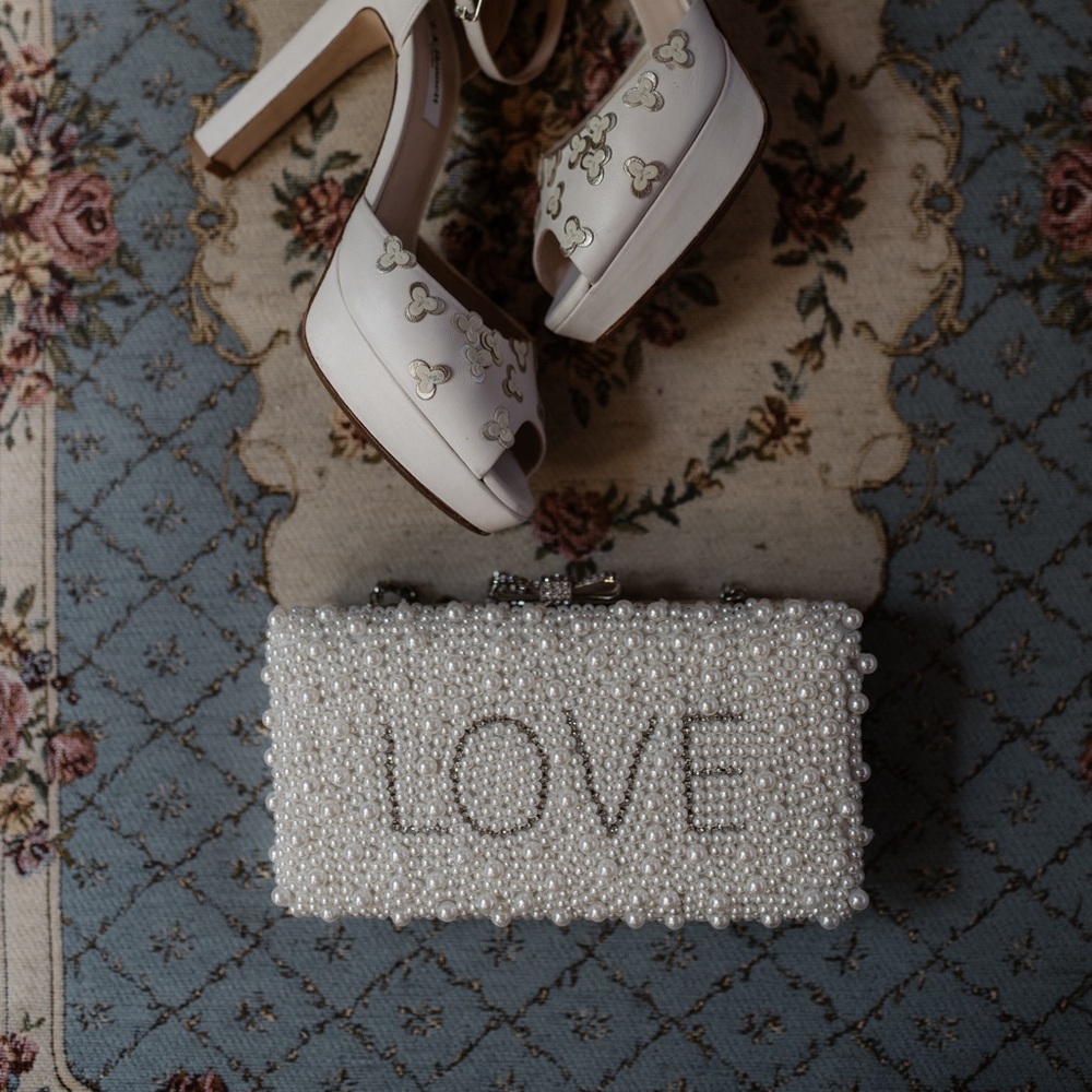 LOVE Pearl Beaded Clutch with long strap